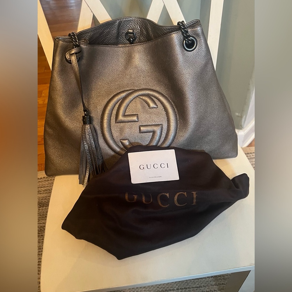 Gucci Metallic Pewter Soho Shoulder Tote with Tassel